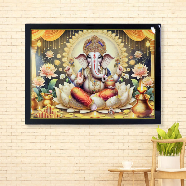 Divine Lord Ganesha Wall Painting Wooden Frame Mix Design, 60x45 Cm Approx (1 Pc)
