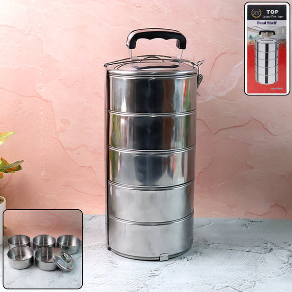 5 Compartment Lunch Box (Stainless Steel): Round Tiffin, Leakproof (16x5")